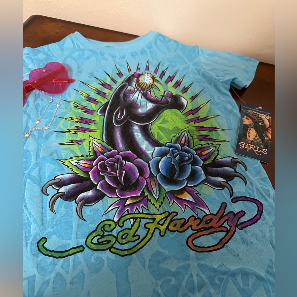 NWT Ed Hardy Girl’s Short Sleeve Blue Tee Shirt w/Black Panther & Roses Graphic